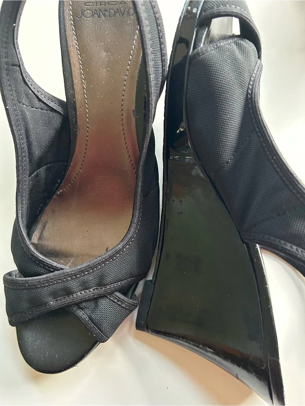 Joan & David Black Wedge HeelPeep-Toe Slingbacks; Microfibre Breathable Straps
